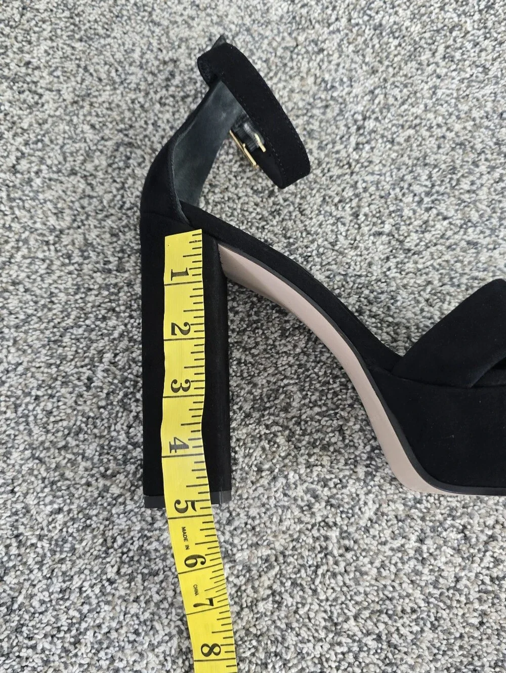 Good American Black Suede Square Toe Platform Ankle Strap Heels